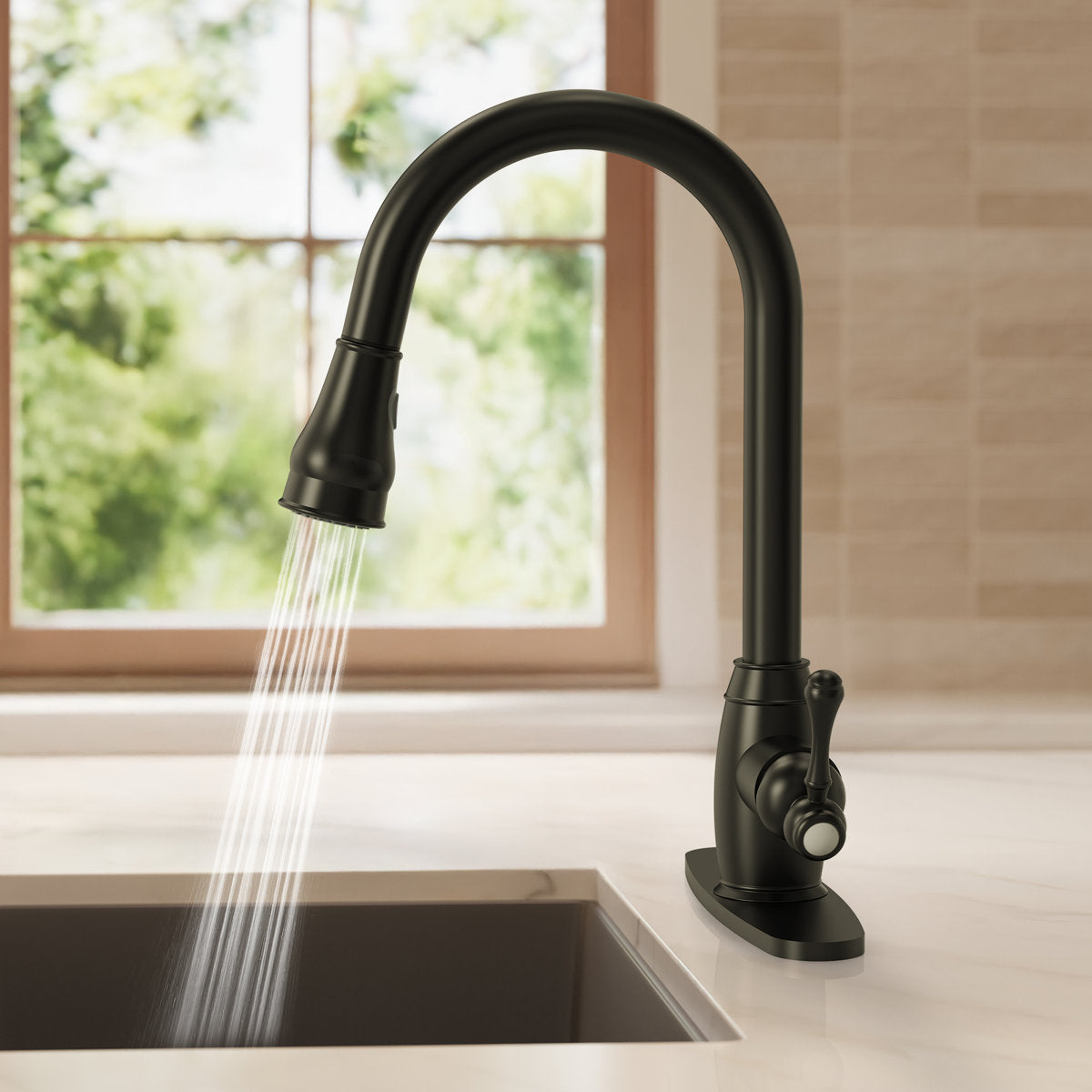 Pull-Down Kitchen Faucet with Deck Plate, Single Handle Sink Faucet with Sprayer SFS-1177-BK - Matte Black