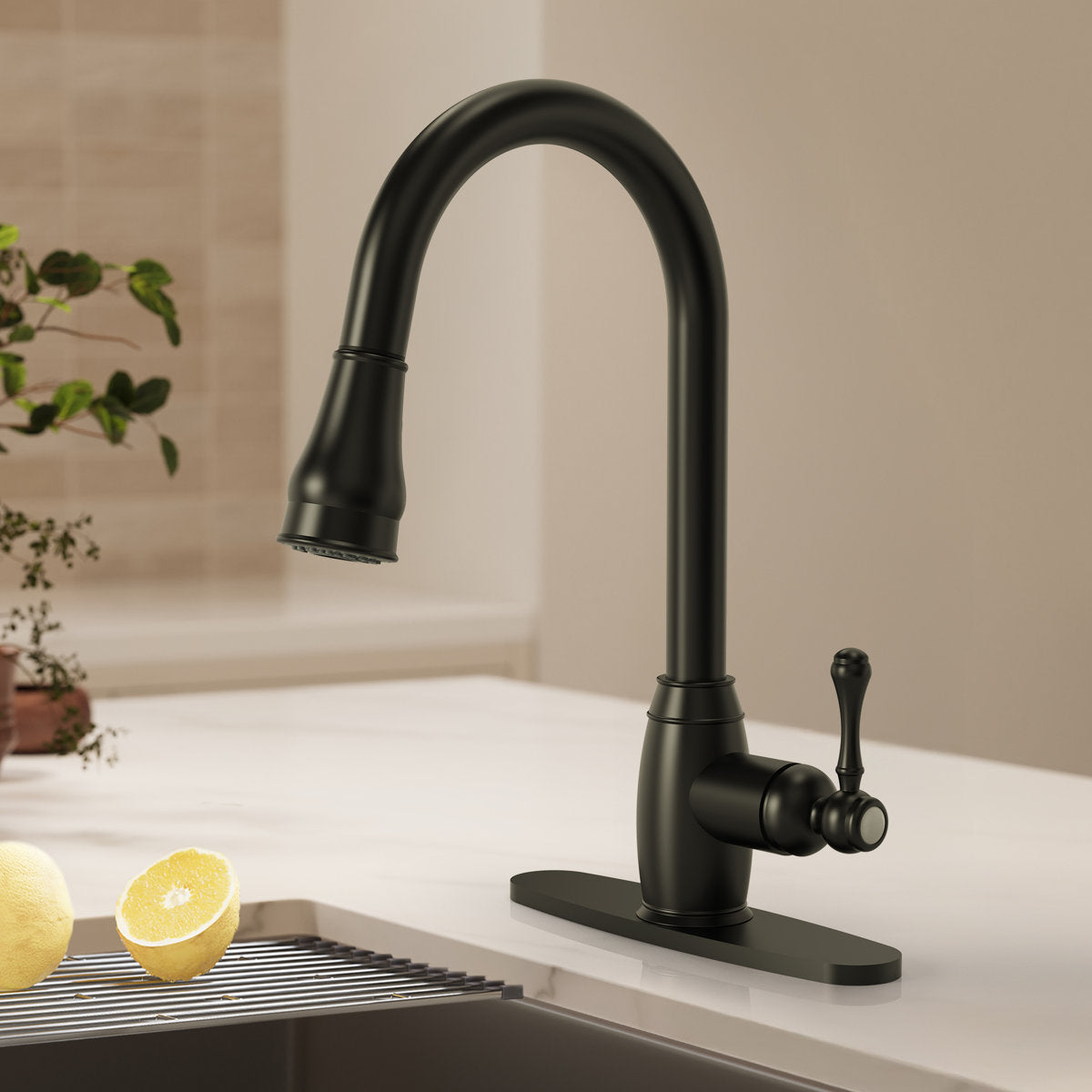 Pull-Down Kitchen Faucet with Deck Plate, Single Handle Sink Faucet with Sprayer SFS-1177-BK - Matte Black