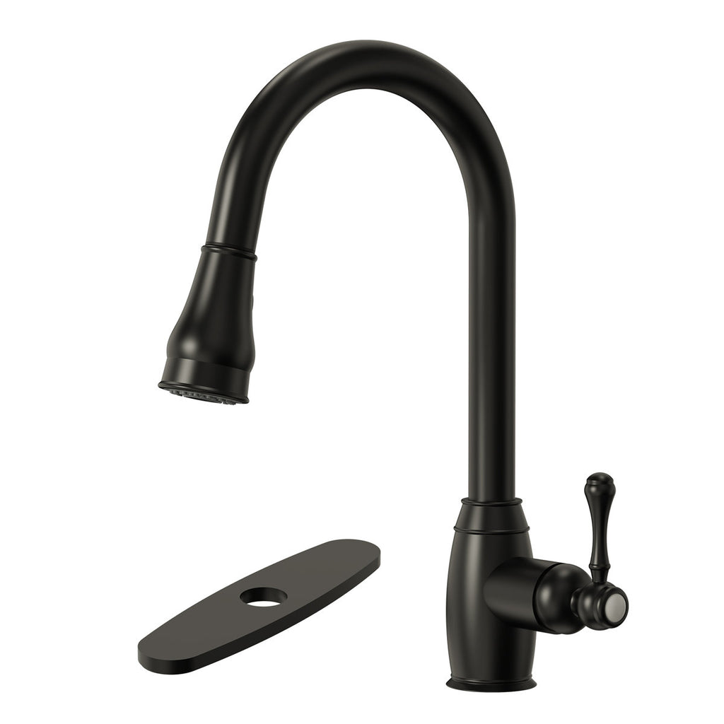 Pull-Down Kitchen Faucet with Deck Plate, Single Handle Sink Faucet with Sprayer SFS-1177-BK - Matte Black