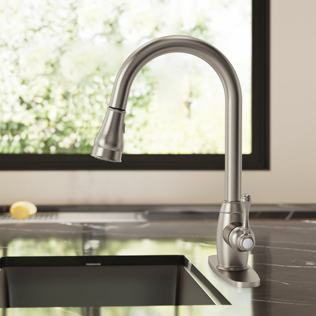 Dual-Function Single-Handle Pull-Down Kitchen Faucet with Deck Plate SFS-1177-NK - Brushed Nickel