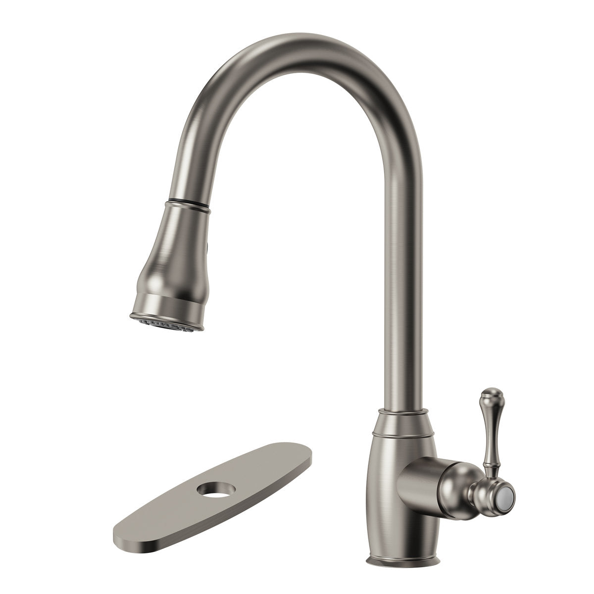 Dual-Function Single-Handle Pull-Down Kitchen Faucet with Deck Plate SFS-1177-NK - Brushed Nickel