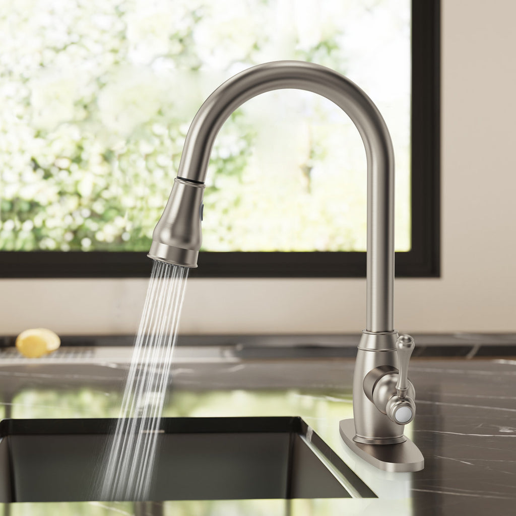 Dual-Function Single-Handle Pull-Down Kitchen Faucet with Deck Plate SFS-1177-NK - Brushed Nickel
