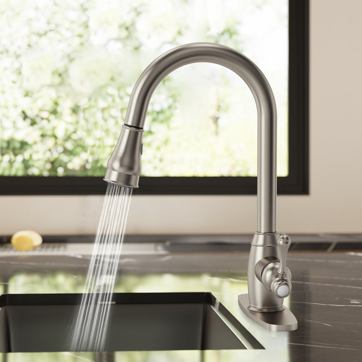 Dual-Function Single-Handle Pull-Down Kitchen Faucet with Deck Plate SFS-1177-NK - Brushed Nickel