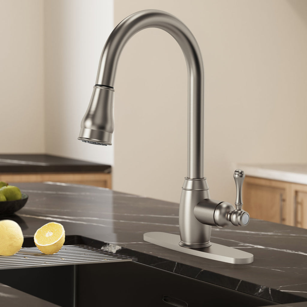 Dual-Function Single-Handle Pull-Down Kitchen Faucet with Deck Plate SFS-1177-NK - Brushed Nickel