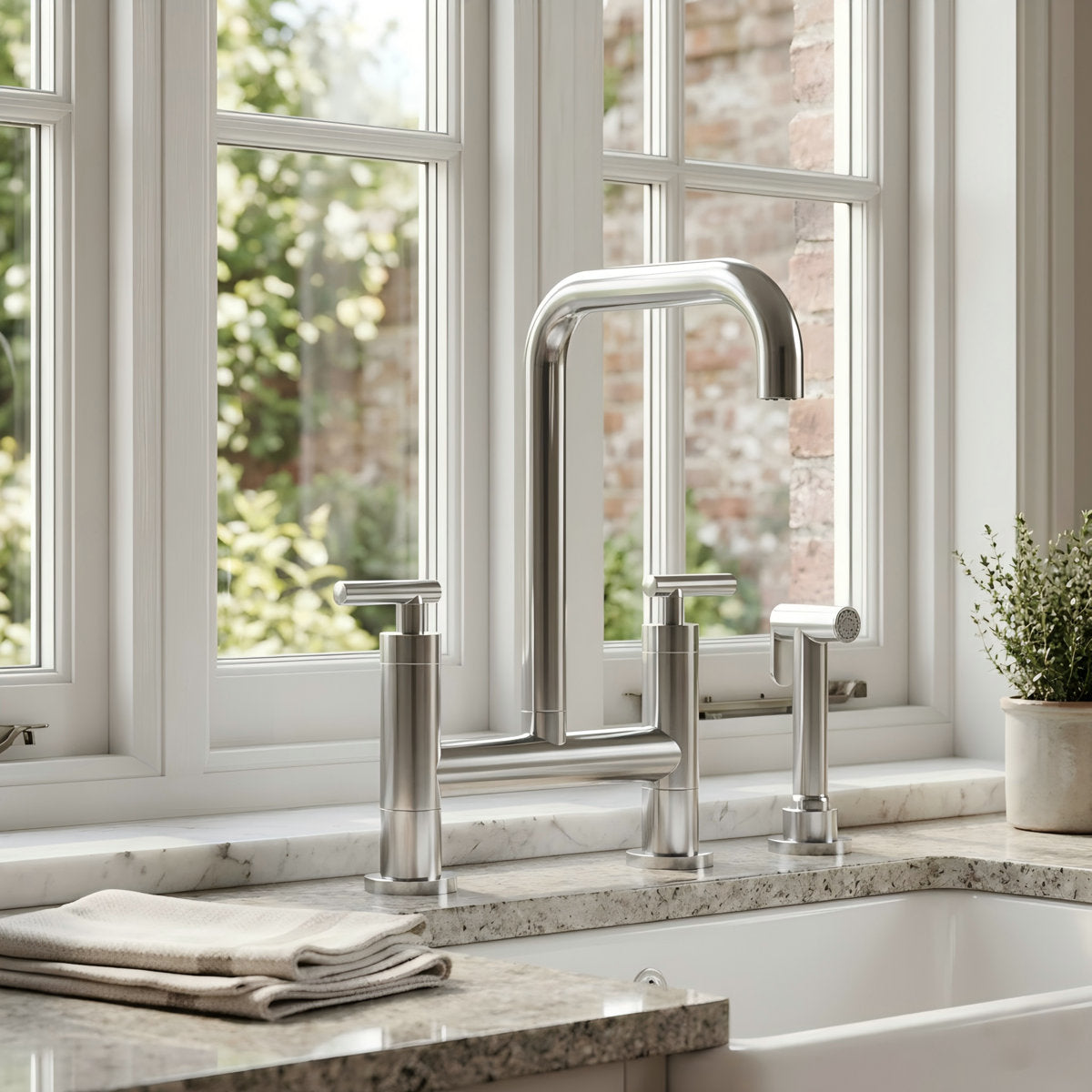 Bridge Kitchen Faucet with Swivel Spout, 2-Handle Kitchen Faucet with Side Spray SFS-1175-CH - Chrome