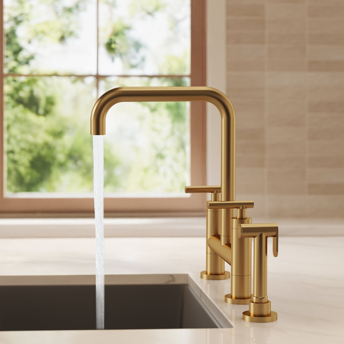 Bridge Kitchen Faucet with Swivel Spout, 2-Handle Kitchen Faucet with Side Spray SFS-1175-GD - Brushed Gold