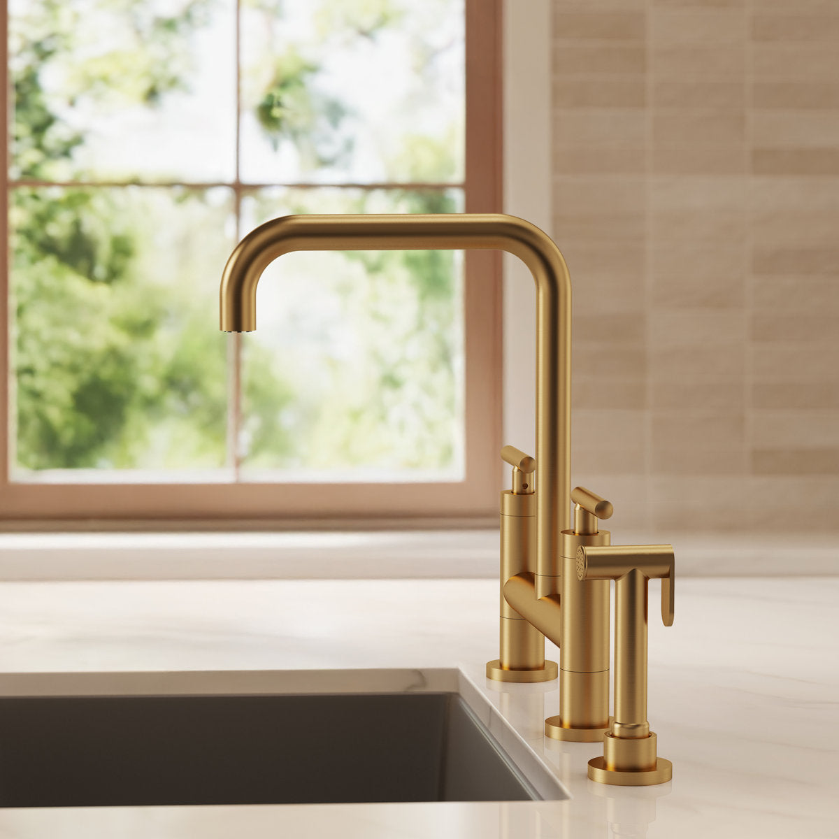 Bridge Kitchen Faucet with Swivel Spout, 2-Handle Kitchen Faucet with Side Spray SFS-1175-GD - Brushed Gold