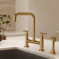 Bridge Kitchen Faucet with Swivel Spout, 2-Handle Kitchen Faucet with Side Spray SFS-1175-GD - Brushed Gold