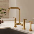 Bridge Kitchen Faucet with Swivel Spout, 2-Handle Kitchen Faucet with Side Spray SFS-1175-GD - Brushed Gold