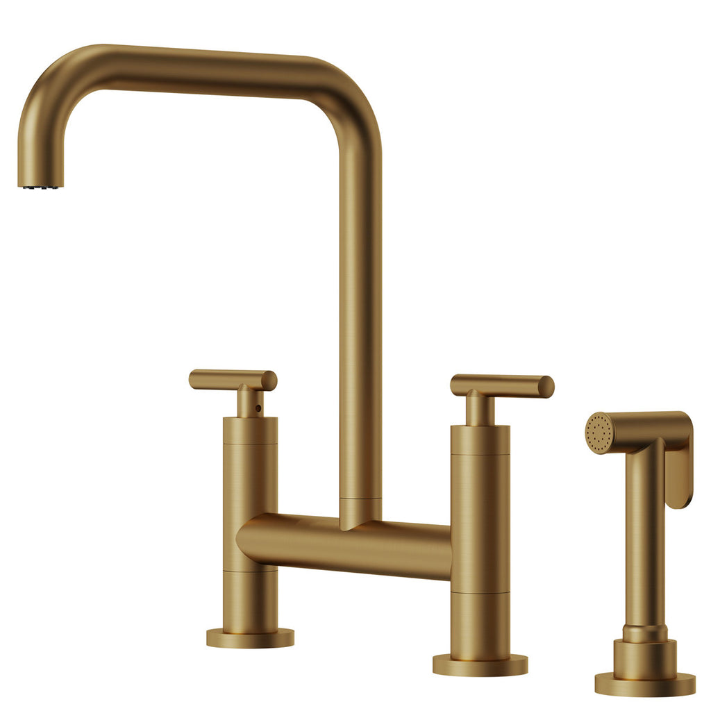 Bridge Kitchen Faucet with Swivel Spout, 2-Handle Kitchen Faucet with Side Spray SFS-1175-GD - Brushed Gold