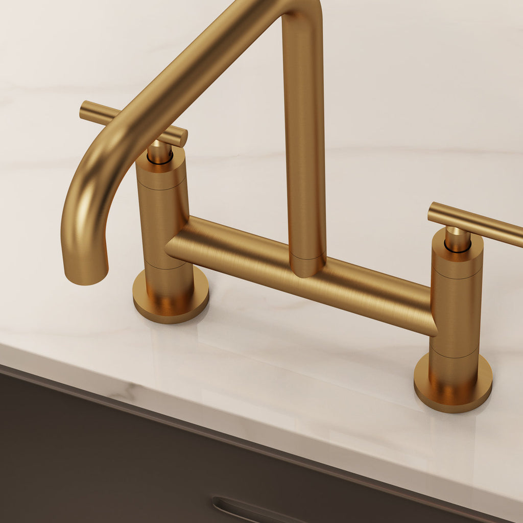 Bridge Kitchen Faucet with Swivel Spout, 2-Handle Kitchen Faucet with Side Spray SFS-1175-GD - Brushed Gold