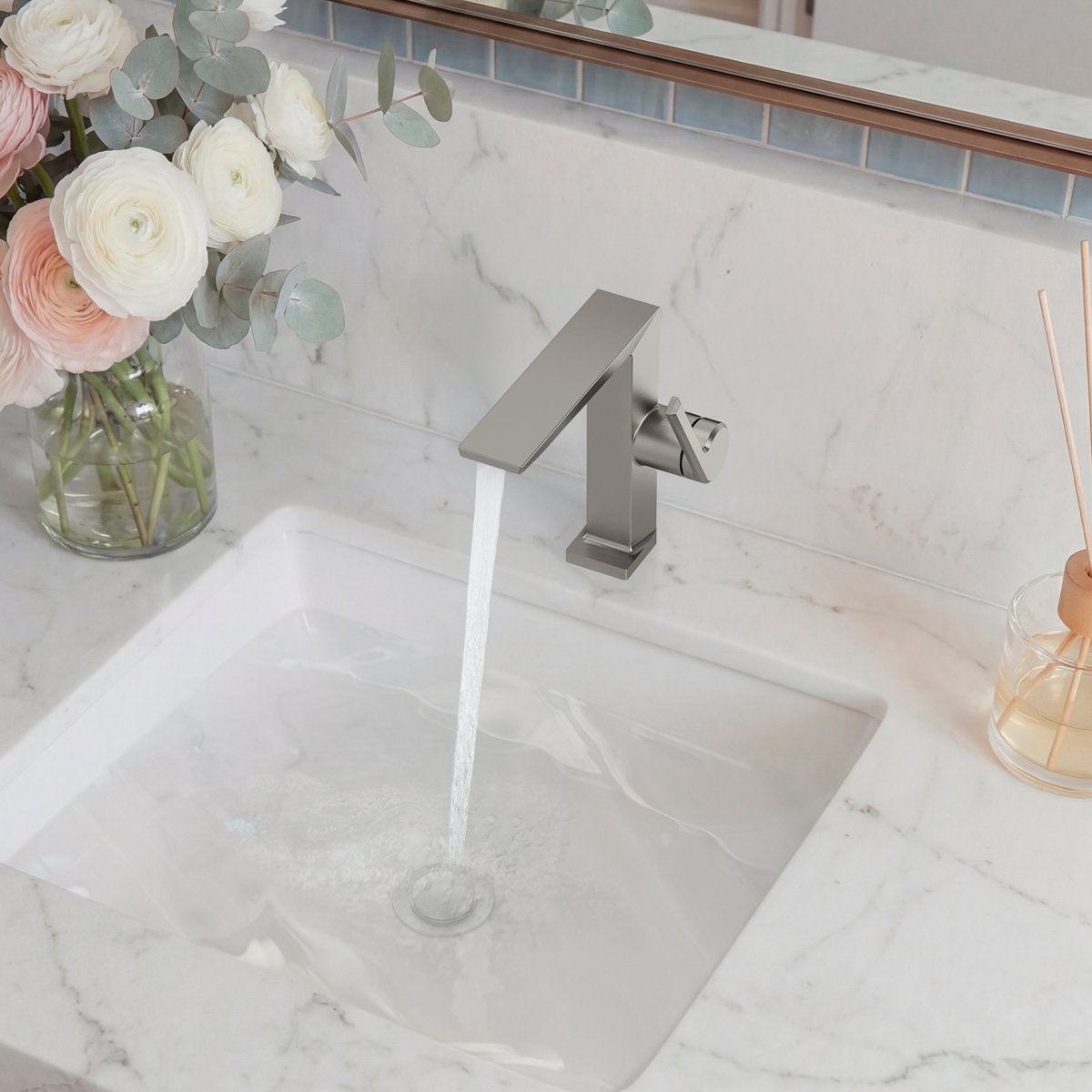 Single Hole Bathroom Faucet with Drain Assembly, Single Handle Bathroom Sink Faucet SFS-1304B-NK - Brushed Nickel