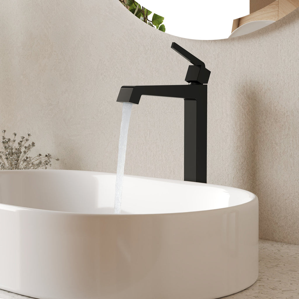 Single Hole Vessel Bathroom Faucet with Drain Assembly, Single Handle Vessel Bathroom Sink Faucet SFS-1312B-BK - Matte Black