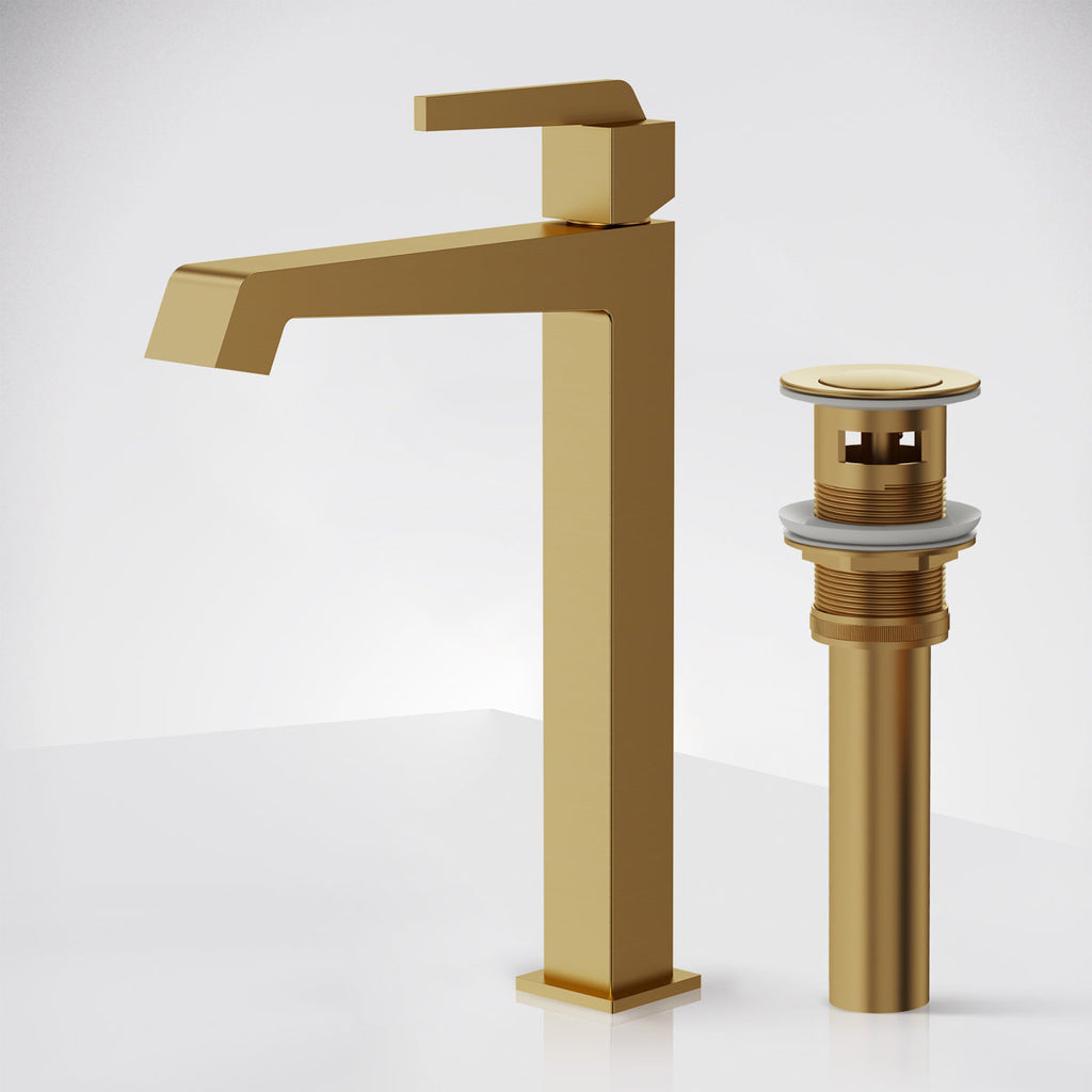 Single Hole Vessel Bathroom Faucet with Drain Assembly, Single Handle Vessel Bathroom Sink Faucet SFS-1312B-GD - Brushed Gold