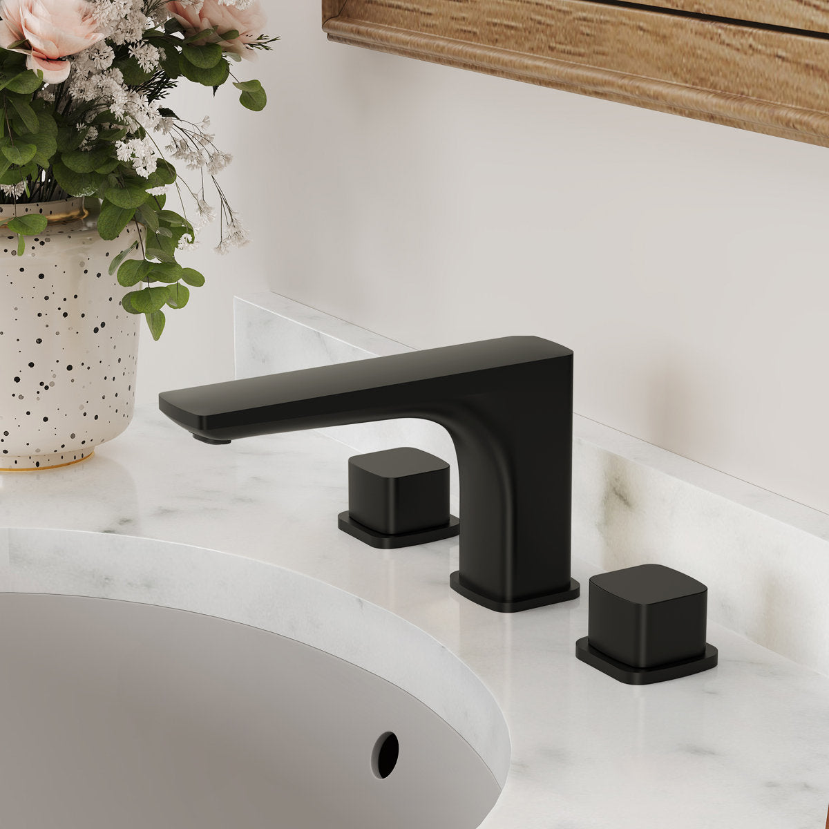 Widespread Bathroom Faucet 3 Hole, 2-handle Bathroom Sink Faucet with Drain Assembly SFS-1316B-BK - Matte Black