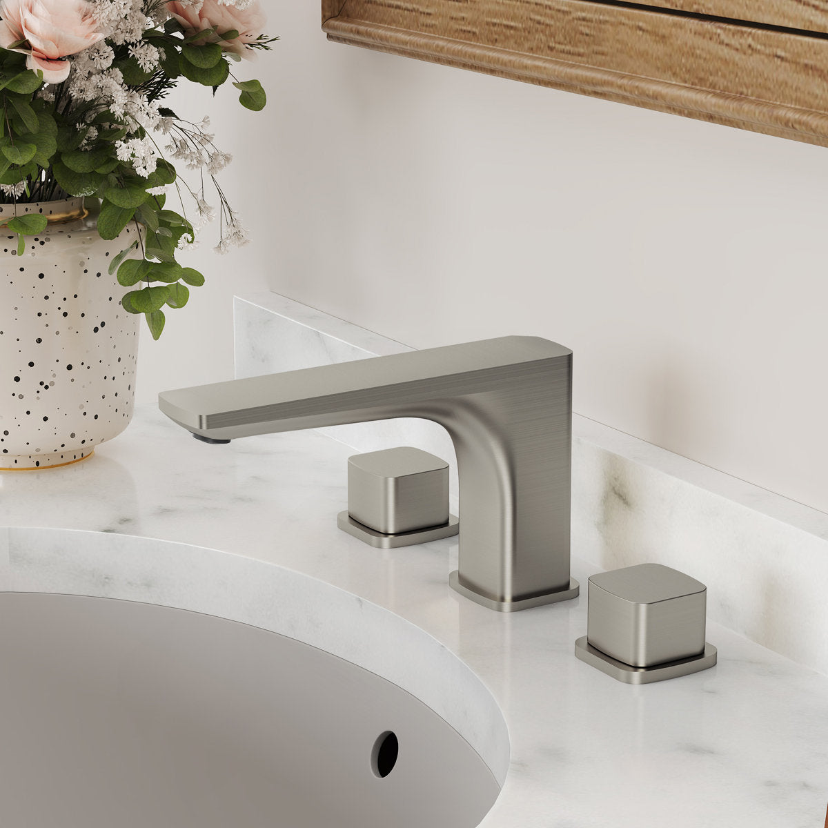Widespread Bathroom Faucet 3 Hole, 2-handle Bathroom Sink Faucet with Drain Assembly SFS-1316B-NK - Brushed Nickel