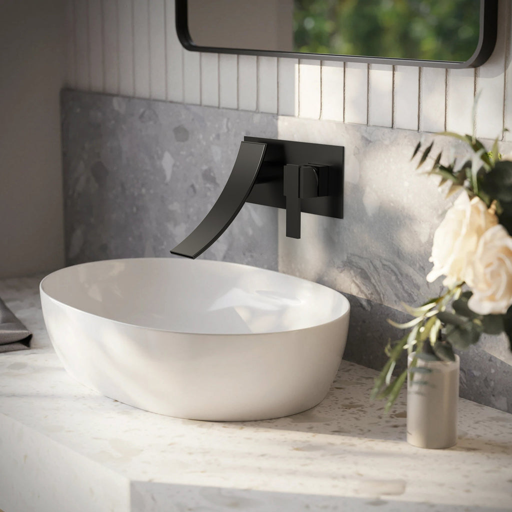 Wall Mounted Bathroom Sink Faucet, Single-handle Bathroom Faucet with Drain Assembly SFS-1305B-BK - Matte Black