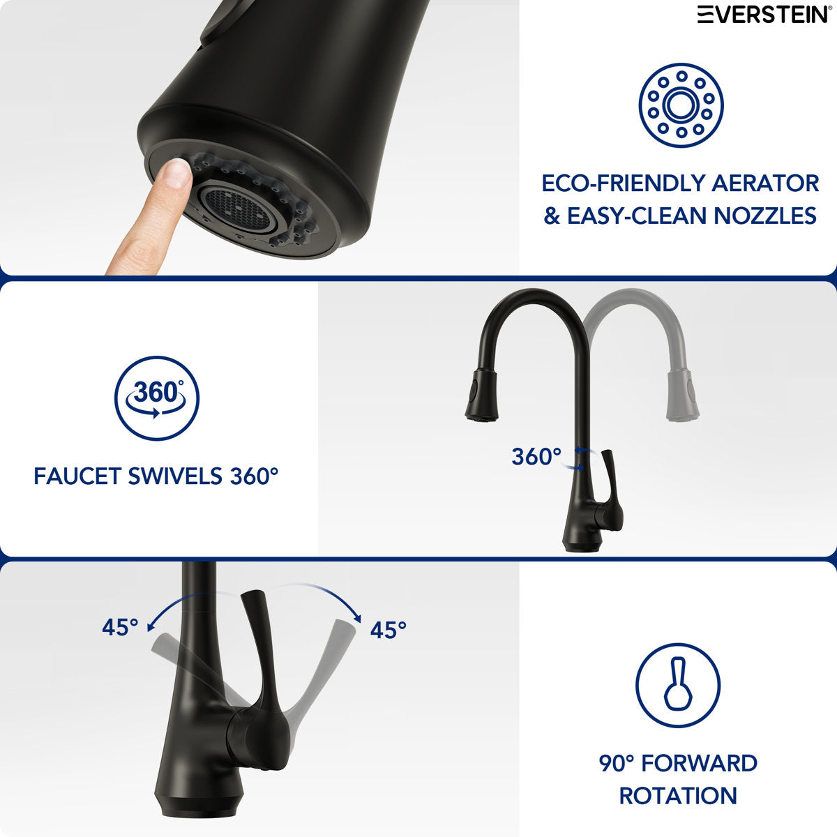Pull Down Kitchen Sink Faucet, Single Handle Kitchen Faucet with Swivel Spout SFS-1298K-BK - Matte Black