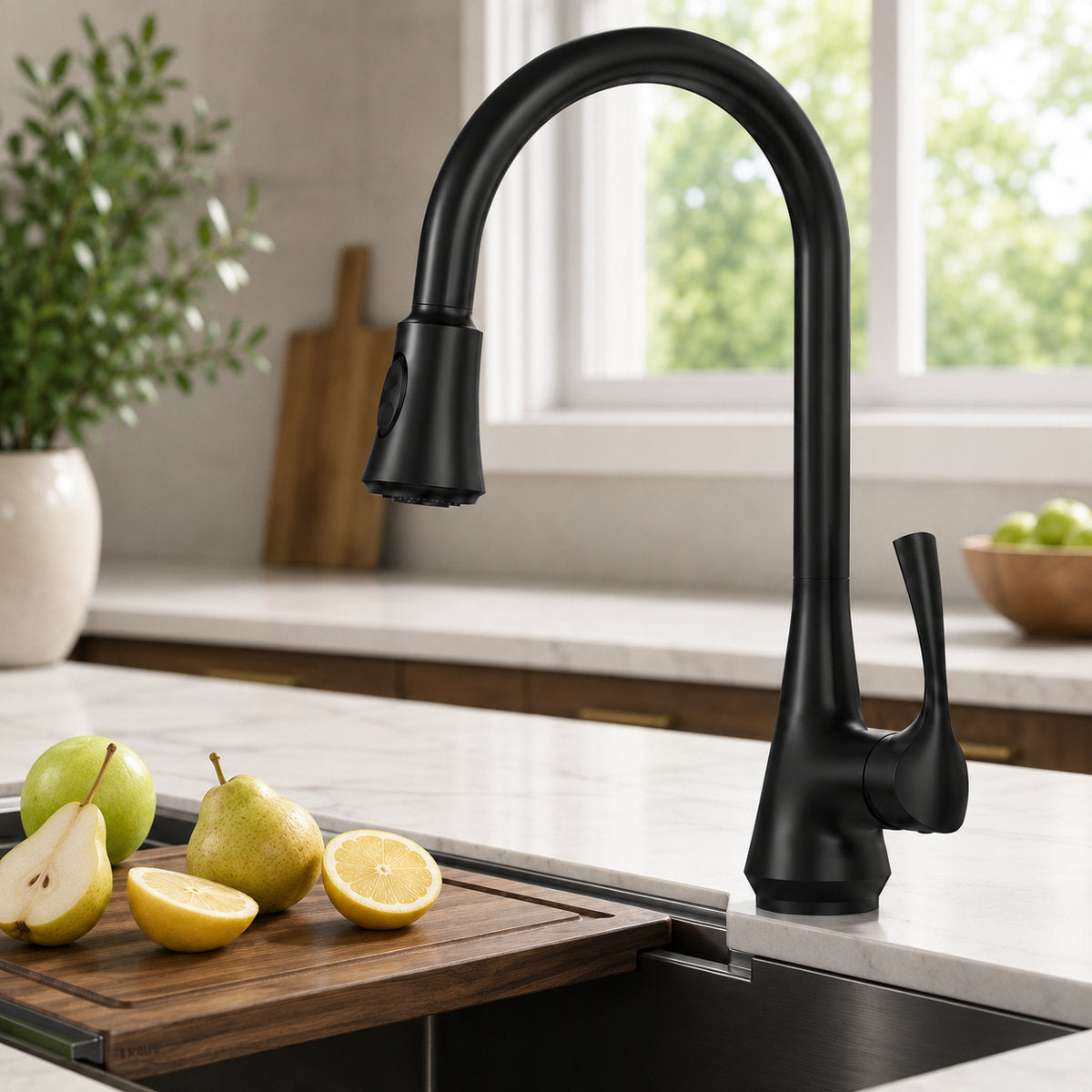 Pull Down Kitchen Sink Faucet, Single Handle Kitchen Faucet with Swivel Spout SFS-1298K-BK - Matte Black
