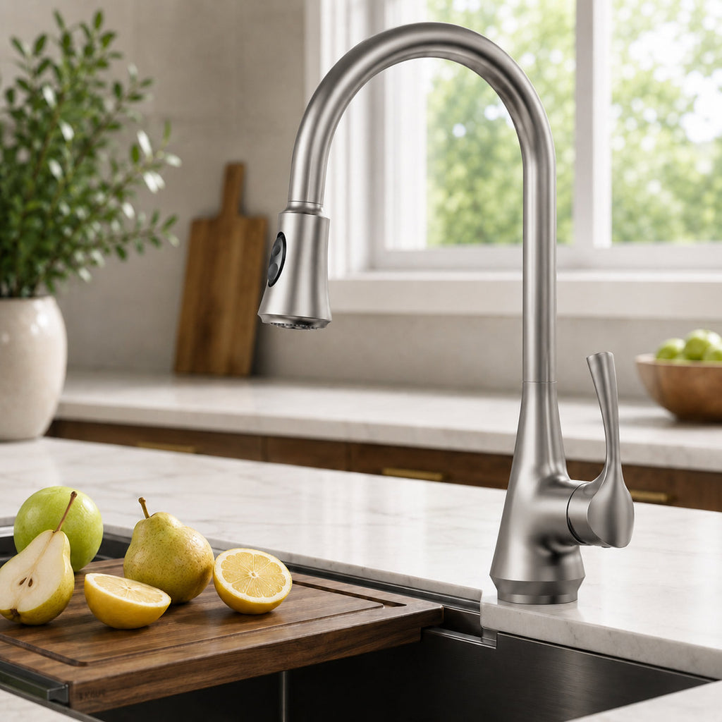 Pull Down Kitchen Sink Faucet, Single Handle Kitchen Faucet with Swivel Spout SFS-1298K-SS - Stainless Steel