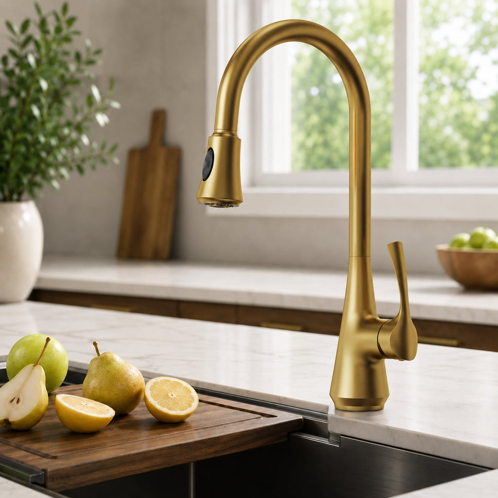 Pull Down Kitchen Sink Faucet, Single Handle Kitchen Faucet with Swivel Spout SFS-1298K-GD - Brushed Gold