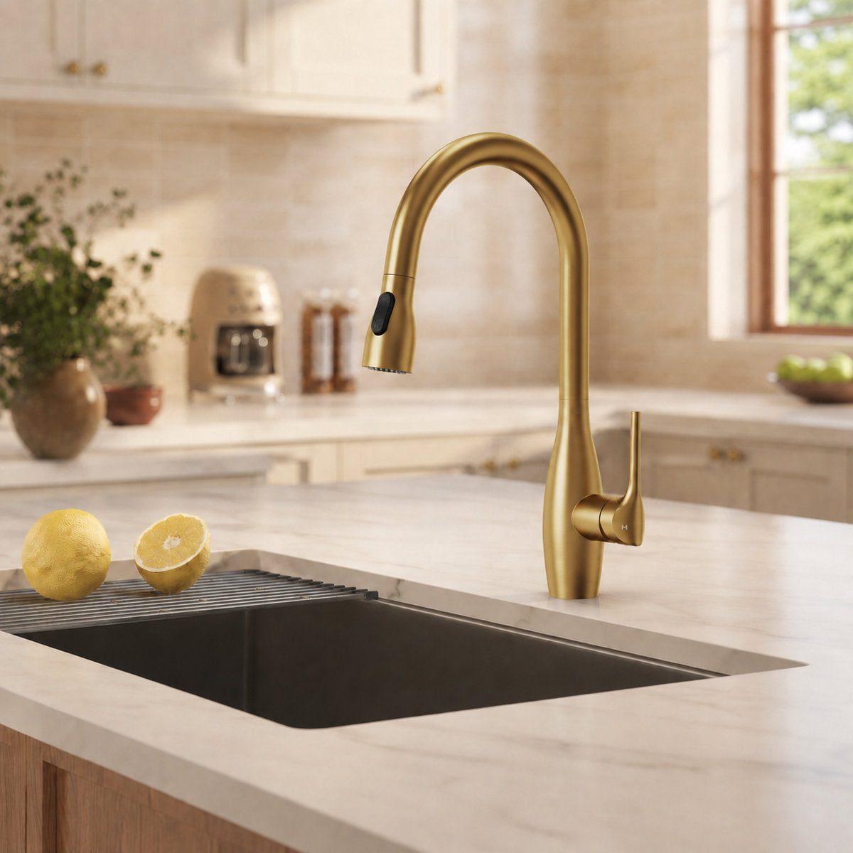 Dual-Function Single-Handle Pull-Down Kitchen Faucet with 360 Degree Swivel Spout SFS-1301K-GD - Brushed Gold