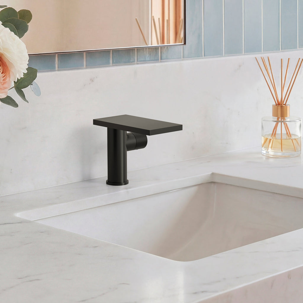 Single Hole Bathroom Faucet, Single-Handle Waterfall Sink Faucet with Drain Assembly SFS-1318B-BK - Matte Black