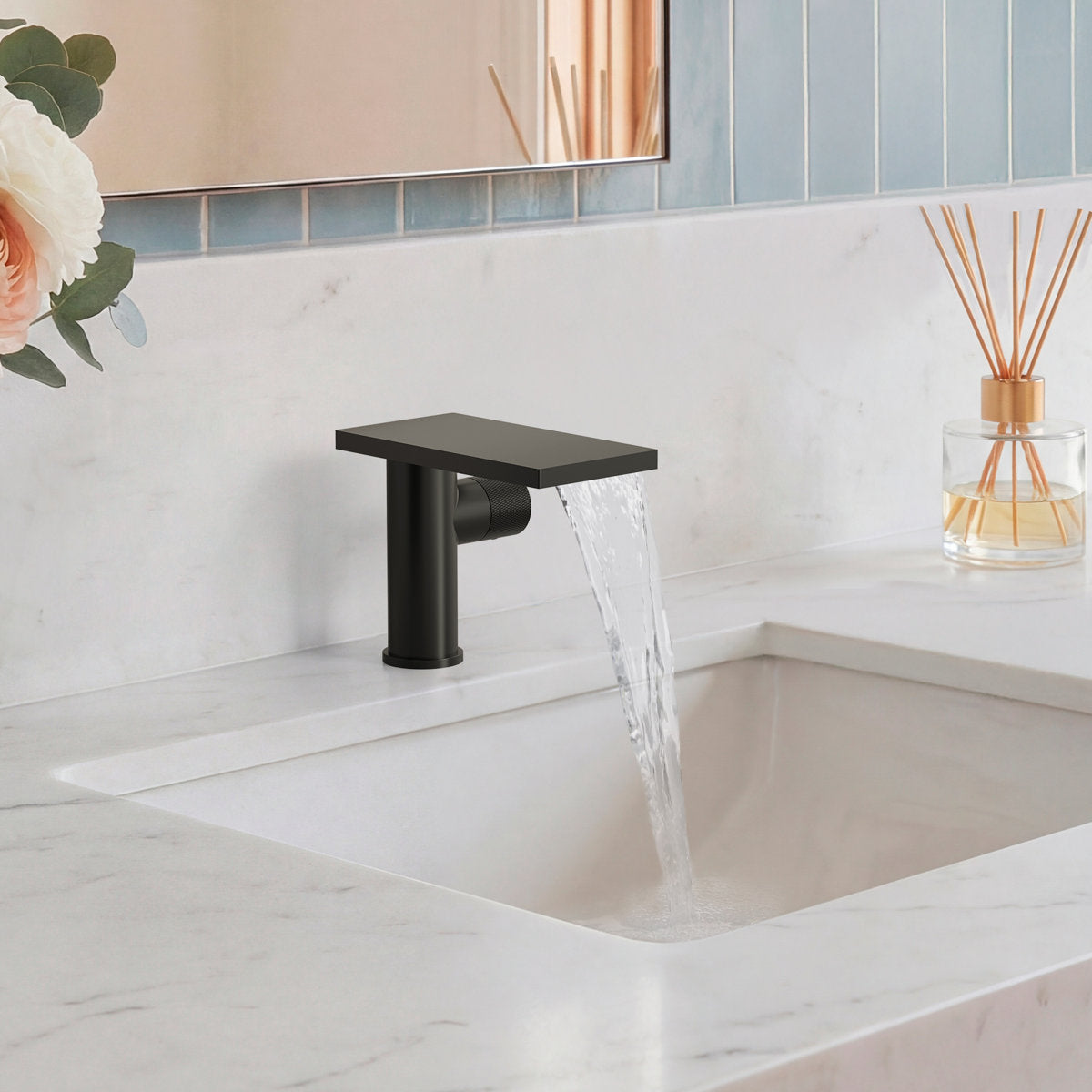 Single Hole Bathroom Faucet, Single-Handle Waterfall Sink Faucet with Drain Assembly SFS-1318B-BK - Matte Black