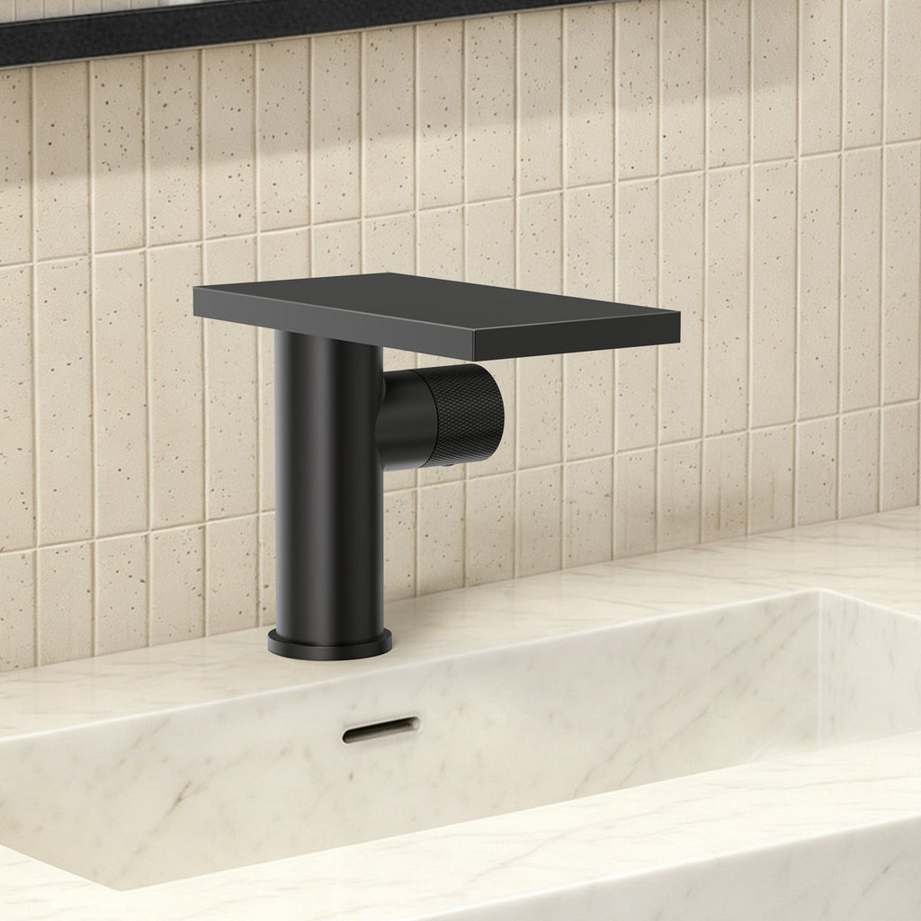Single Hole Bathroom Faucet, Single-Handle Waterfall Sink Faucet with Drain Assembly SFS-1318B-BK - Matte Black