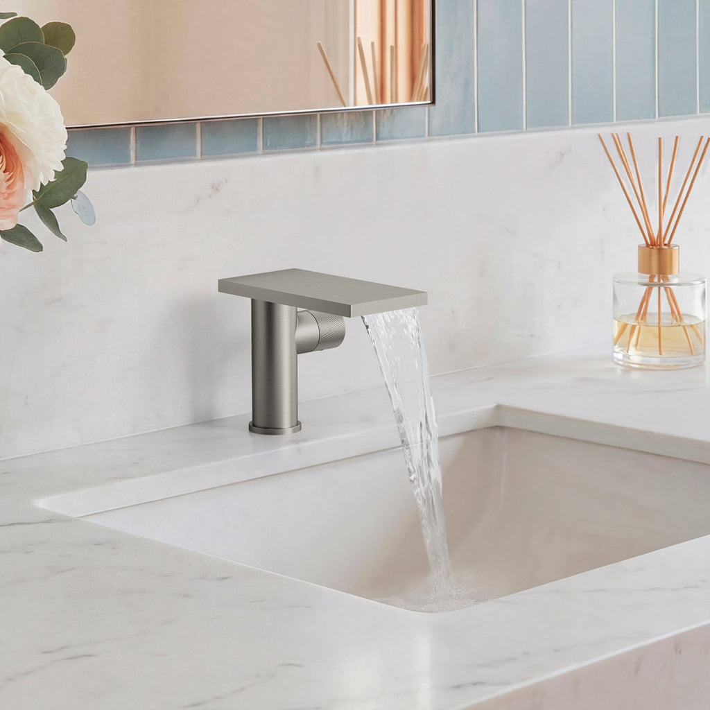 Single Hole Bathroom Faucet, Single-Handle Waterfall Sink Faucet with Drain Assembly SFS-1318B-NK - Brushed Nickel