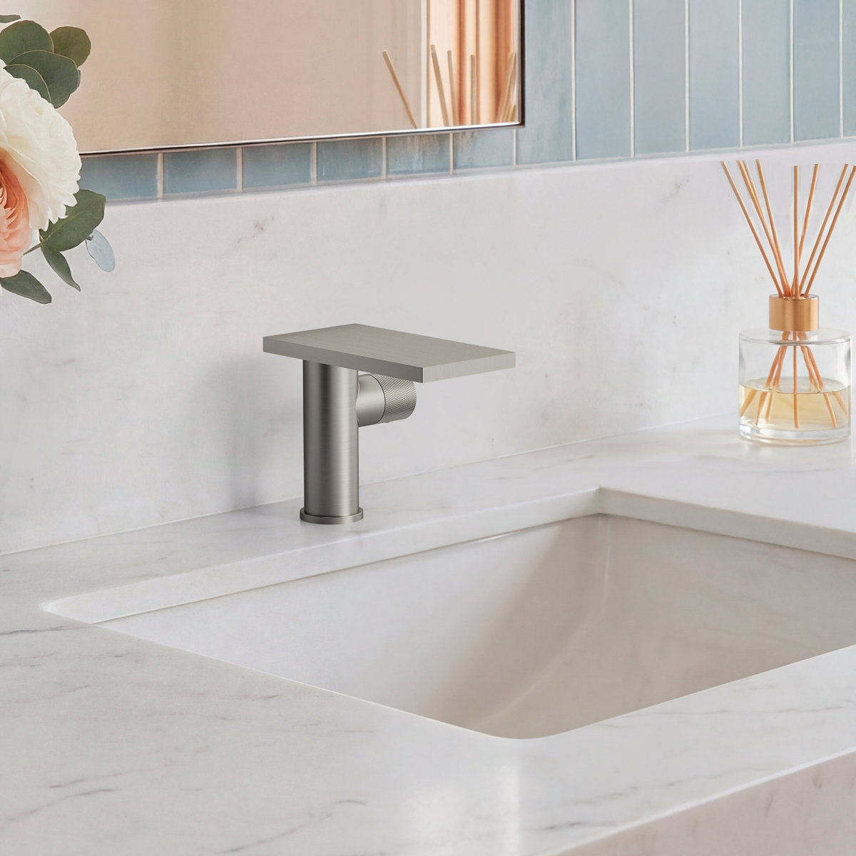 Single Hole Bathroom Faucet, Single-Handle Waterfall Sink Faucet with Drain Assembly SFS-1318B-NK - Brushed Nickel