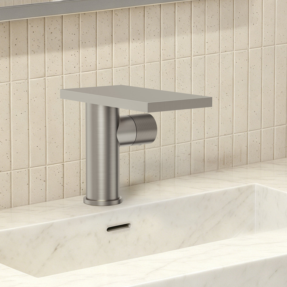 Single Hole Bathroom Faucet, Single-Handle Waterfall Sink Faucet with Drain Assembly SFS-1318B-NK - Brushed Nickel