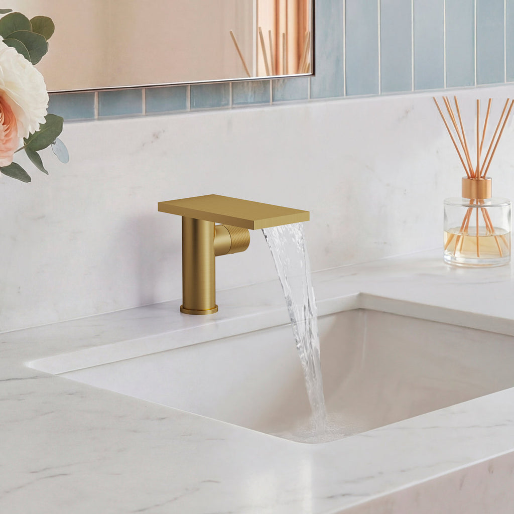 Single Hole Bathroom Faucet, Single-Handle Waterfall Sink Faucet with Drain Assembly SFS-1318B-GD - Brushed Gold