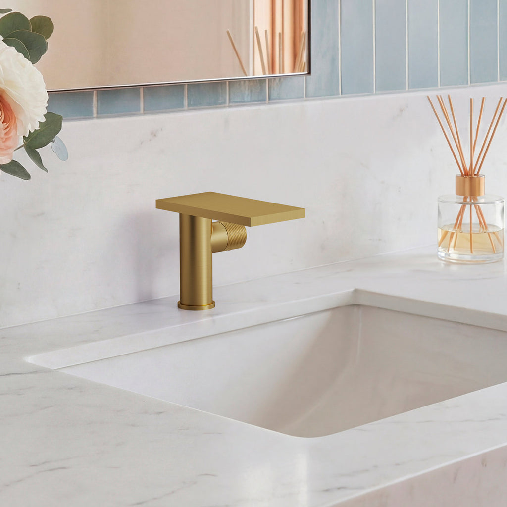 Single Hole Bathroom Faucet, Single-Handle Waterfall Sink Faucet with Drain Assembly SFS-1318B-GD - Brushed Gold