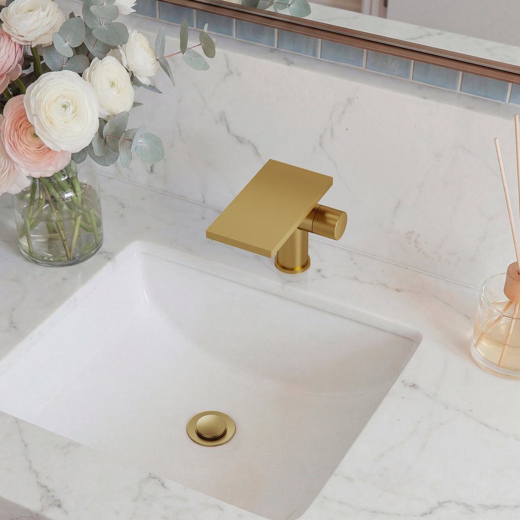 Single Hole Bathroom Faucet, Single-Handle Waterfall Sink Faucet with Drain Assembly SFS-1318B-GD - Brushed Gold