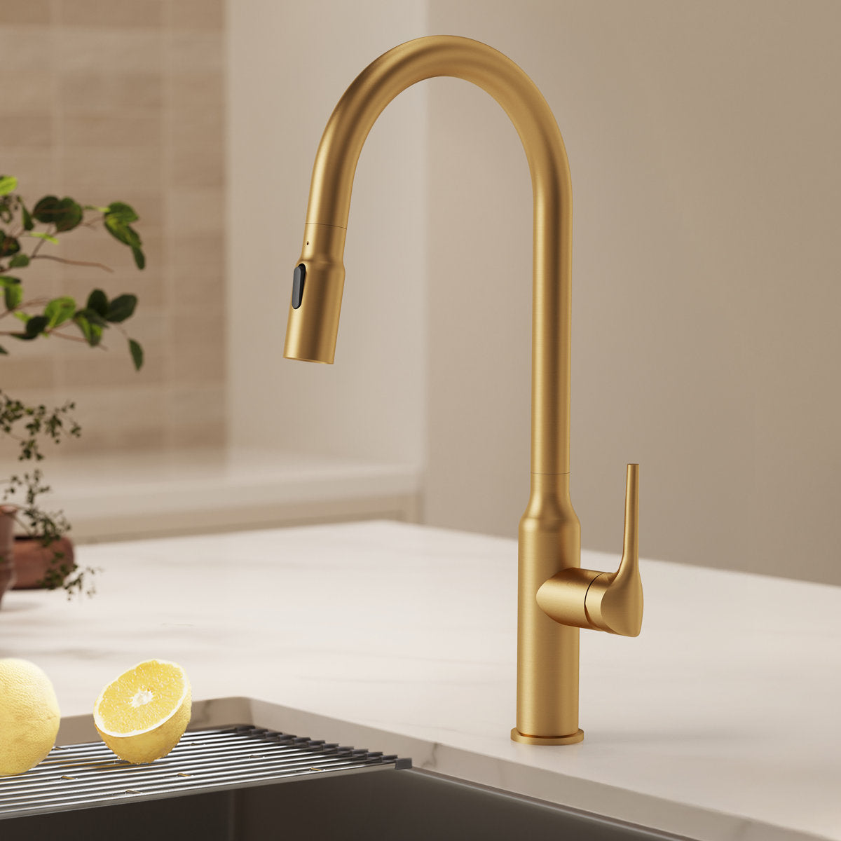 Dual-Function Single-Handle Pull-Down Kitchen Faucet with Swivel Spout SFS-1297K-GD - Brushed Gold