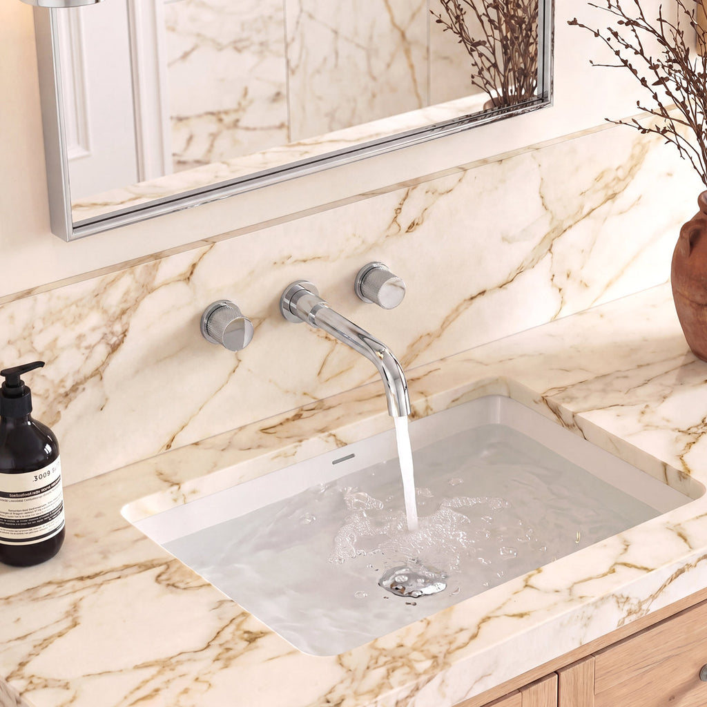 Wall Mounted Bathroom Faucet 3 Hole,2-Handle Bathroom Sink Faucet with Drain Assembly, Chrome SFS-1150-CH - Chrome