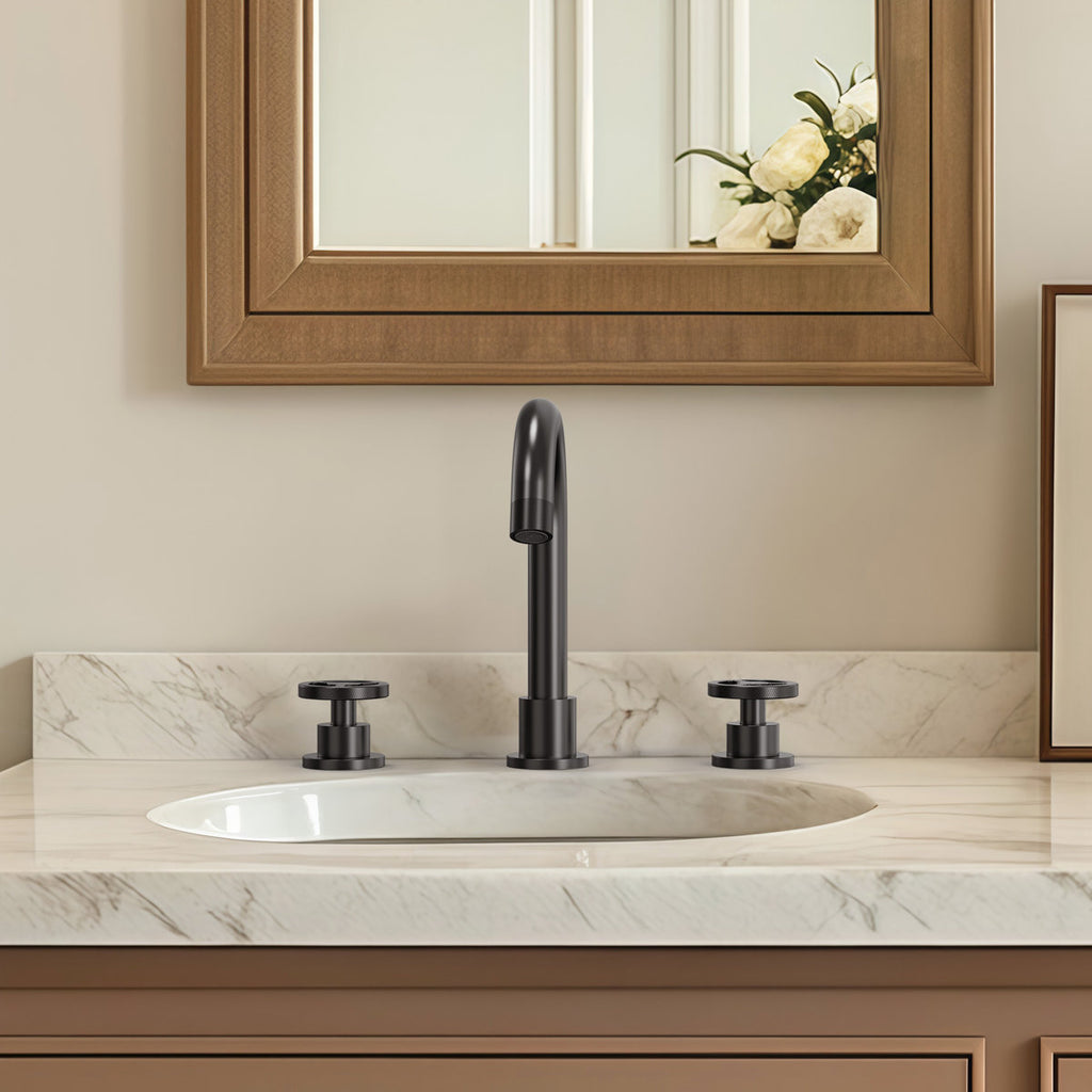 Widespread 3-Hole Bathroom Sink Faucet, 2-Handle Faucet with Wheel Knob Handles and Drain Assembly SFS-1324B-BK - Matte Black