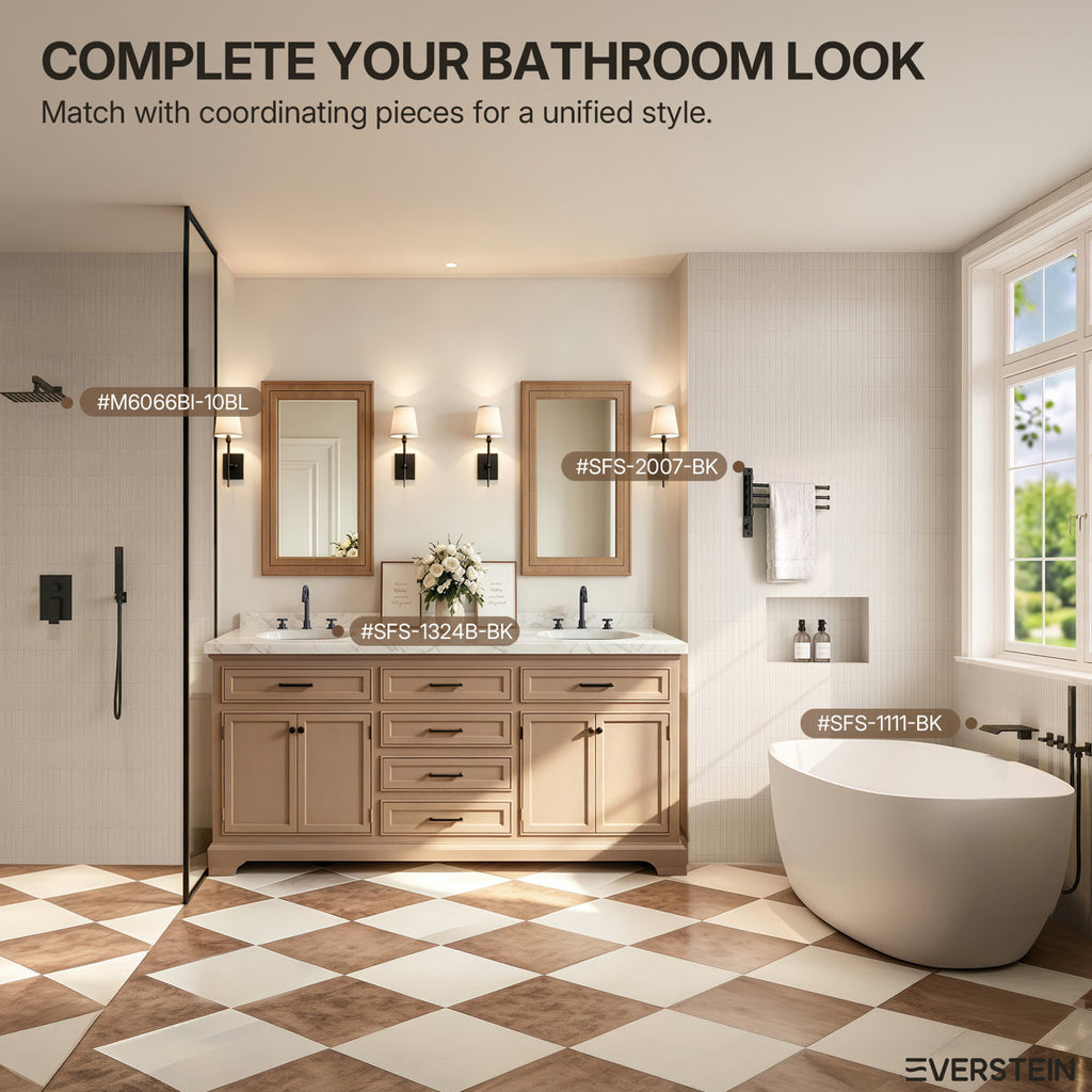 Widespread 3-Hole Bathroom Sink Faucet, 2-Handle Faucet with Wheel Knob Handles and Drain Assembly SFS-1324B-BK - Matte Black