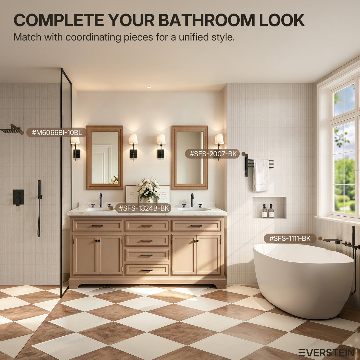 Widespread 3-Hole Bathroom Sink Faucet, 2-Handle Faucet with Wheel Knob Handles and Drain Assembly SFS-1324B-BK - Matte Black
