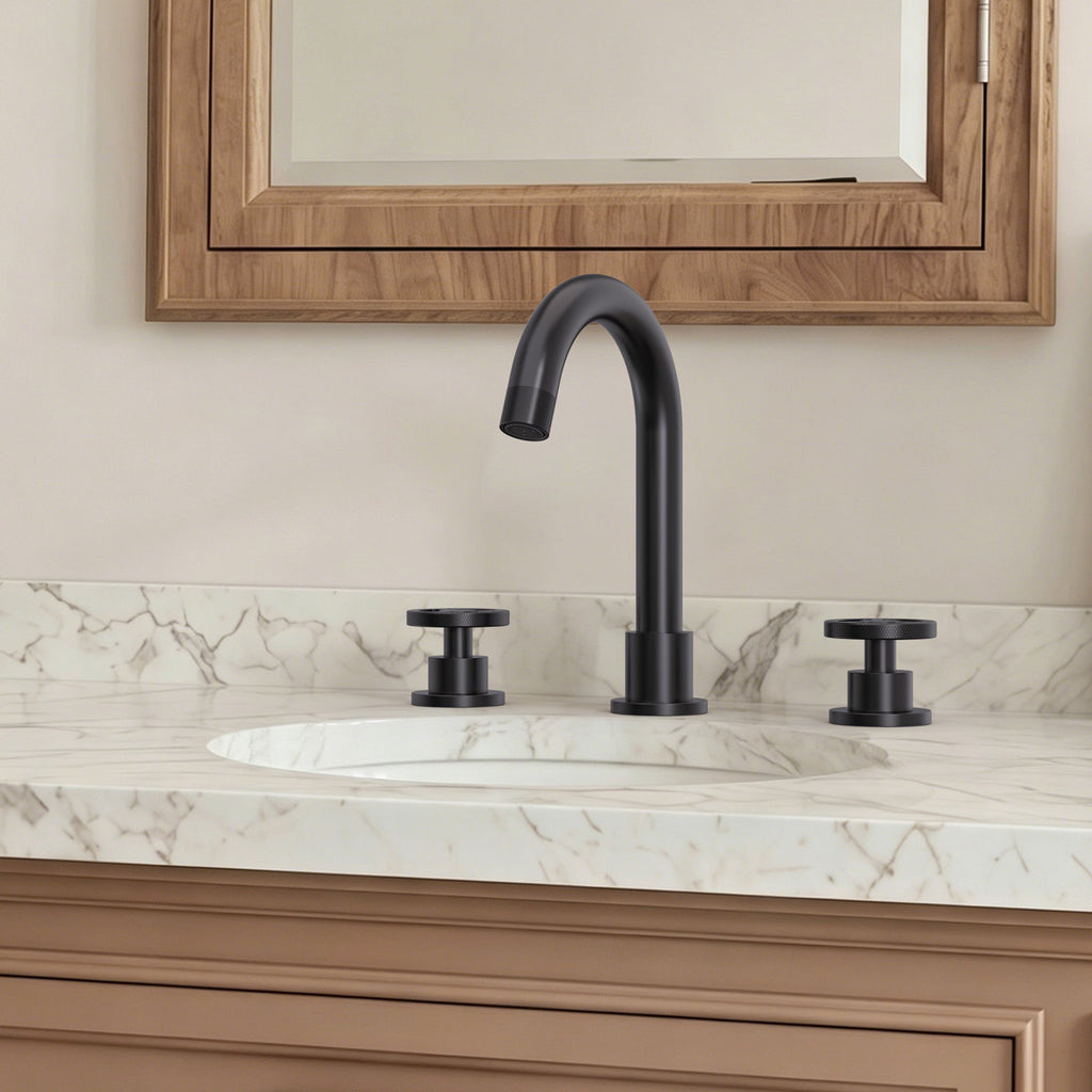 Widespread 3-Hole Bathroom Sink Faucet, 2-Handle Faucet with Wheel Knob Handles and Drain Assembly SFS-1324B-BK - Matte Black