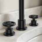 Widespread 3-Hole Bathroom Sink Faucet, 2-Handle Faucet with Wheel Knob Handles and Drain Assembly SFS-1324B-BK - Matte Black
