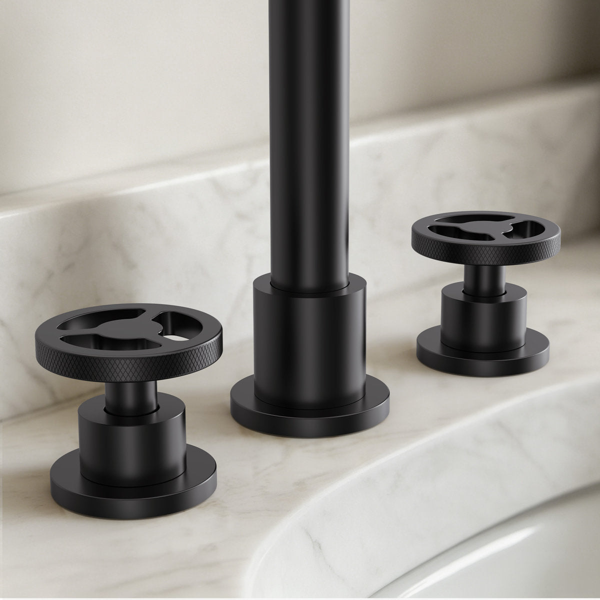 Widespread 3-Hole Bathroom Sink Faucet, 2-Handle Faucet with Wheel Knob Handles and Drain Assembly SFS-1324B-BK - Matte Black