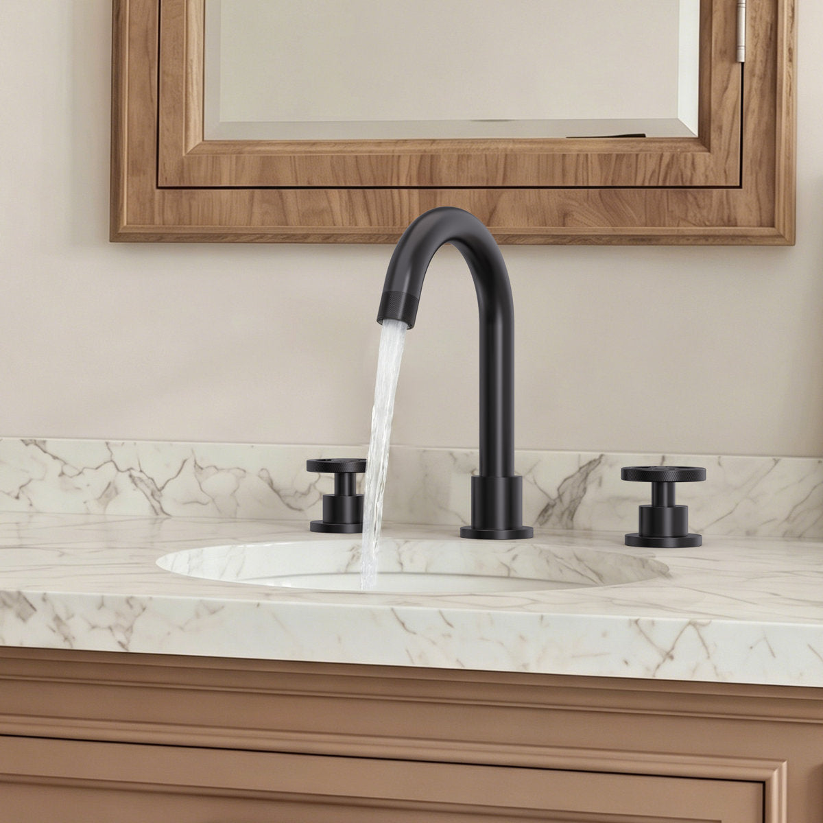 Widespread 3-Hole Bathroom Sink Faucet, 2-Handle Faucet with Wheel Knob Handles and Drain Assembly SFS-1324B-BK - Matte Black