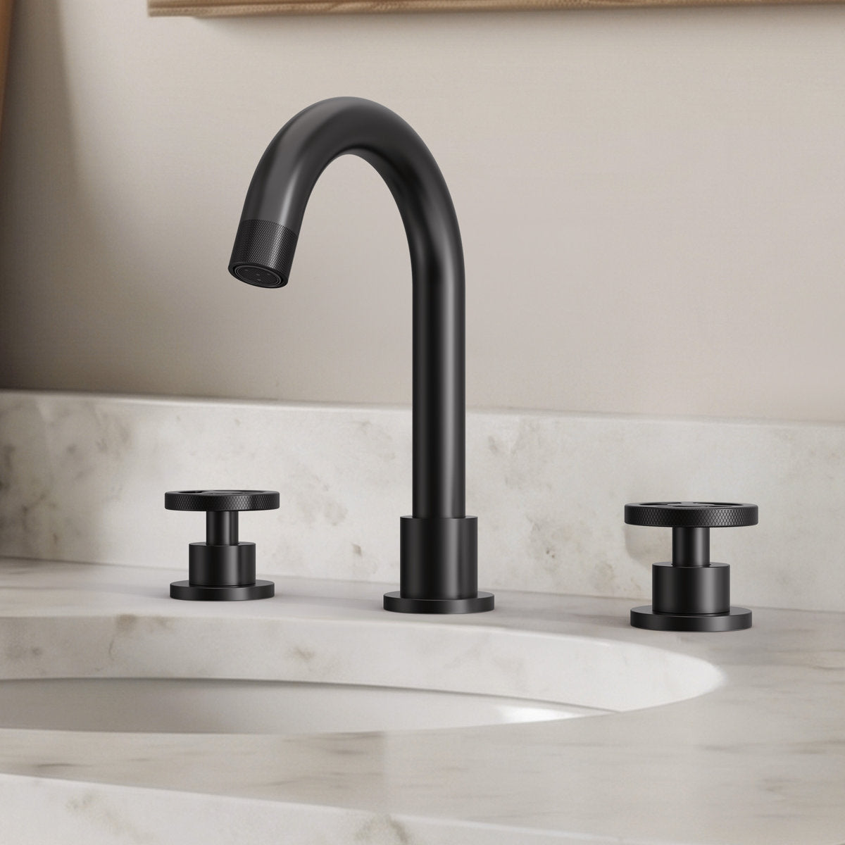 Widespread 3-Hole Bathroom Sink Faucet, 2-Handle Faucet with Wheel Knob Handles and Drain Assembly SFS-1324B-BK - Matte Black