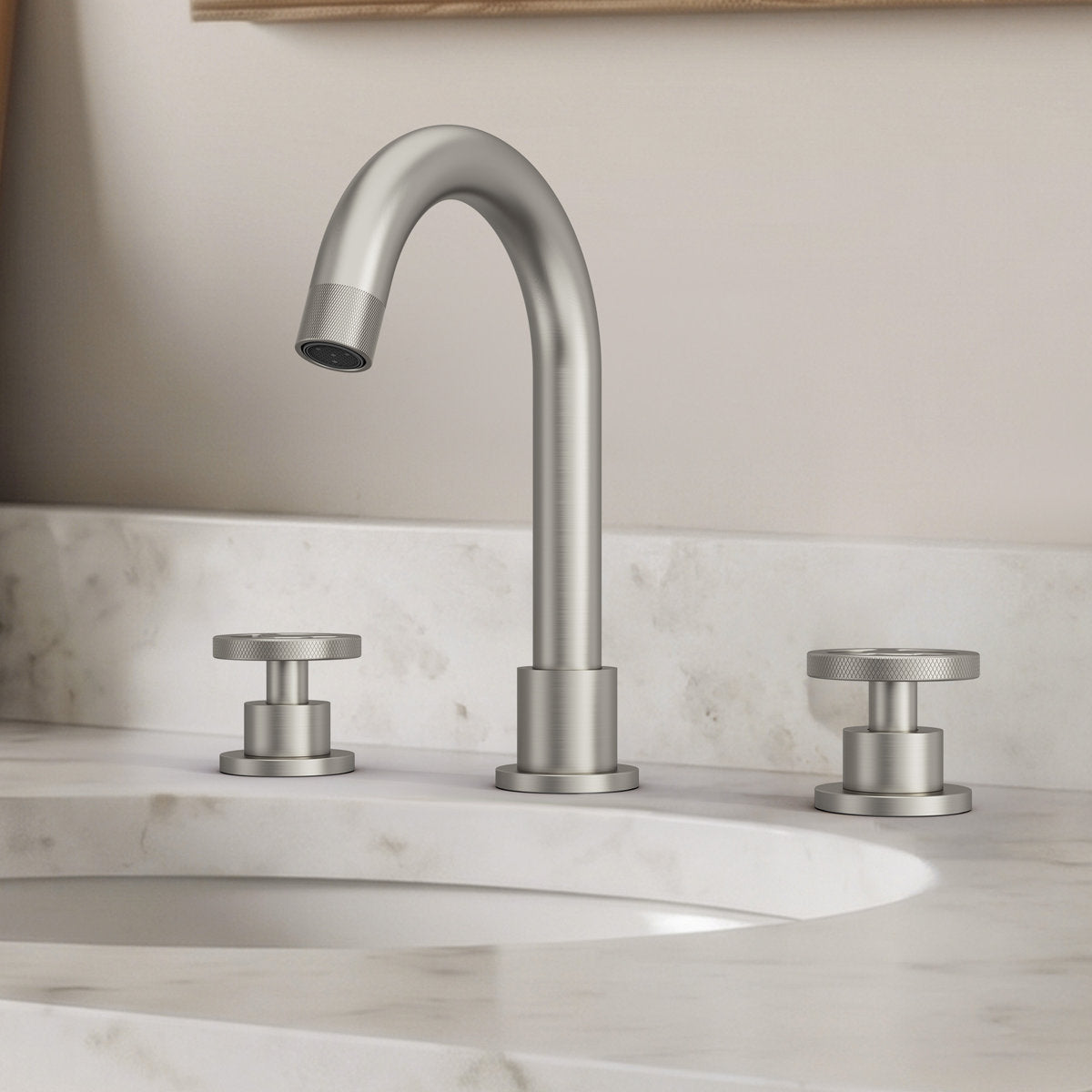 Widespread 3-Hole Bathroom Sink Faucet, 2-Handle Faucet with Wheel Knob Handles and Drain Assembly SFS-1324B-NK - Brushed Nickel