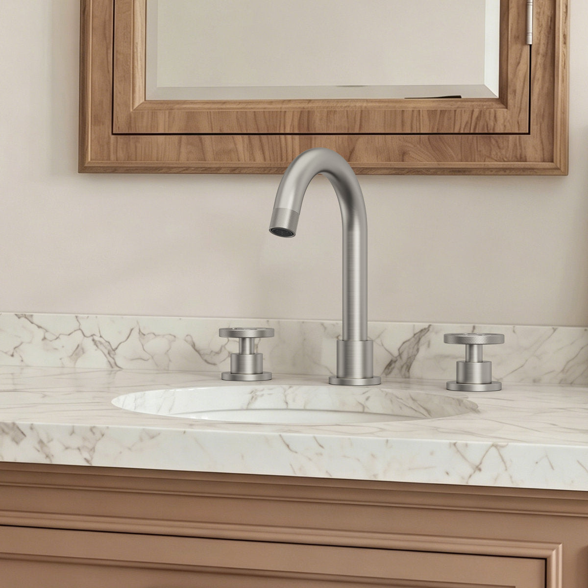 Widespread 3-Hole Bathroom Sink Faucet, 2-Handle Faucet with Wheel Knob Handles and Drain Assembly SFS-1324B-NK - Brushed Nickel