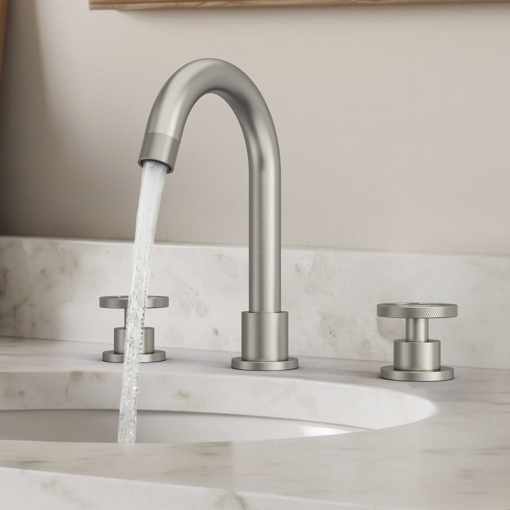 Widespread 3-Hole Bathroom Sink Faucet, 2-Handle Faucet with Wheel Knob Handles and Drain Assembly SFS-1324B-NK - Brushed Nickel