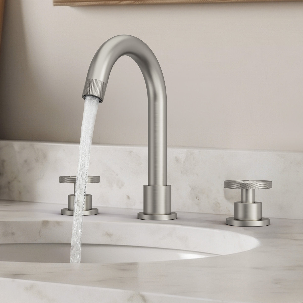 Widespread 3-Hole Bathroom Sink Faucet, 2-Handle Faucet with Wheel Knob Handles and Drain Assembly SFS-1324B-NK - Brushed Nickel