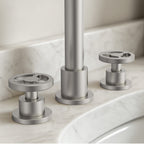 Widespread 3-Hole Bathroom Sink Faucet, 2-Handle Faucet with Wheel Knob Handles and Drain Assembly SFS-1324B-NK - Brushed Nickel